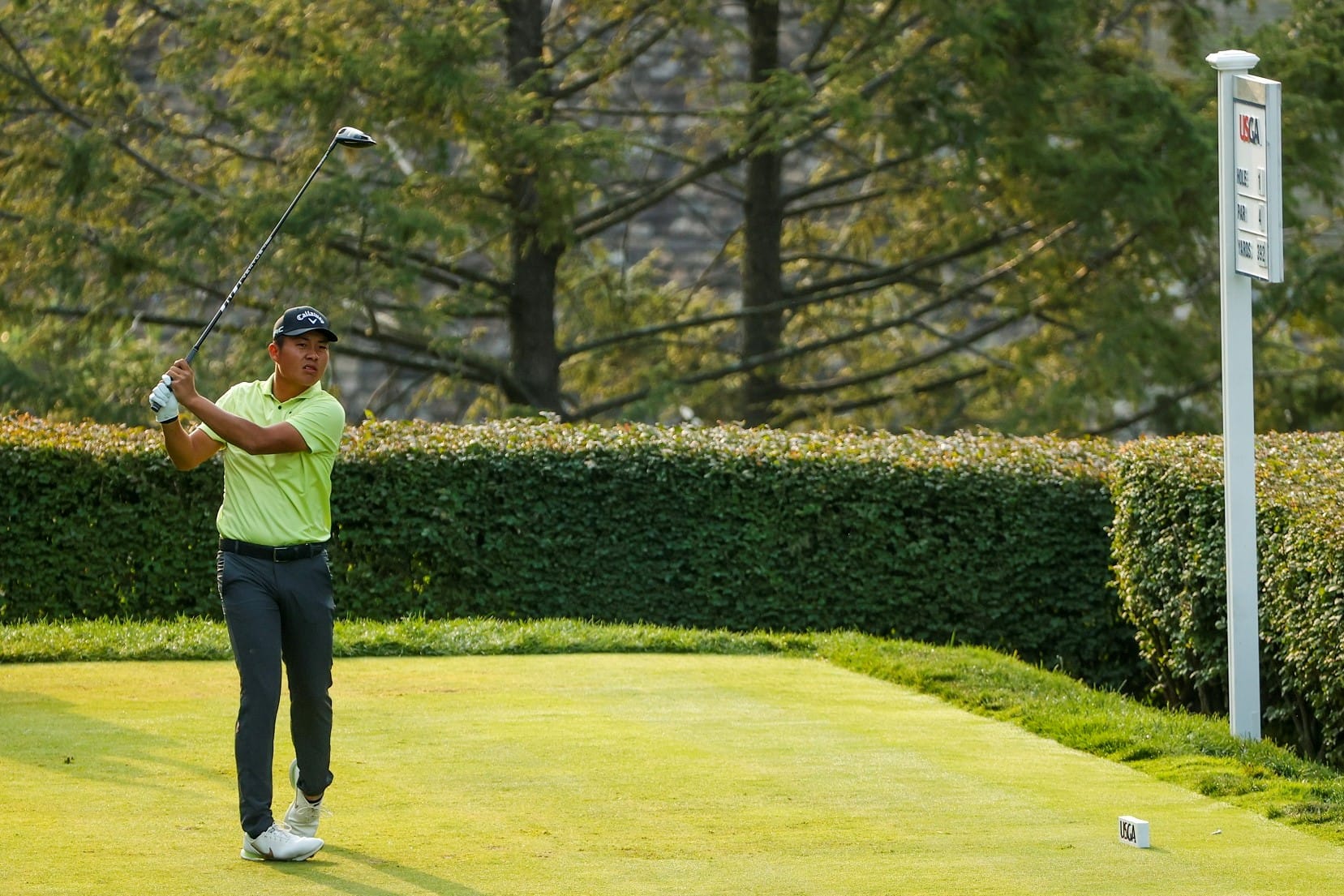 Lin Yuxin tees off in the second round. Picture  by Chris Keane/USGA.