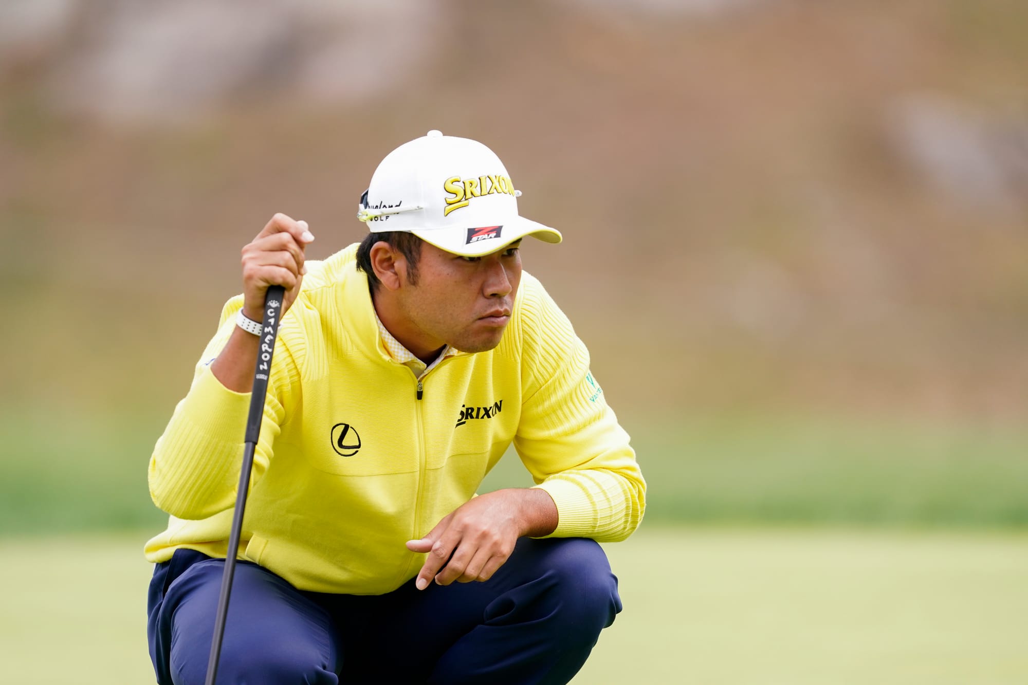 Hideki Matsuyama lines up a putt during his second round 69. Picture by Darren Carroll/USGA.