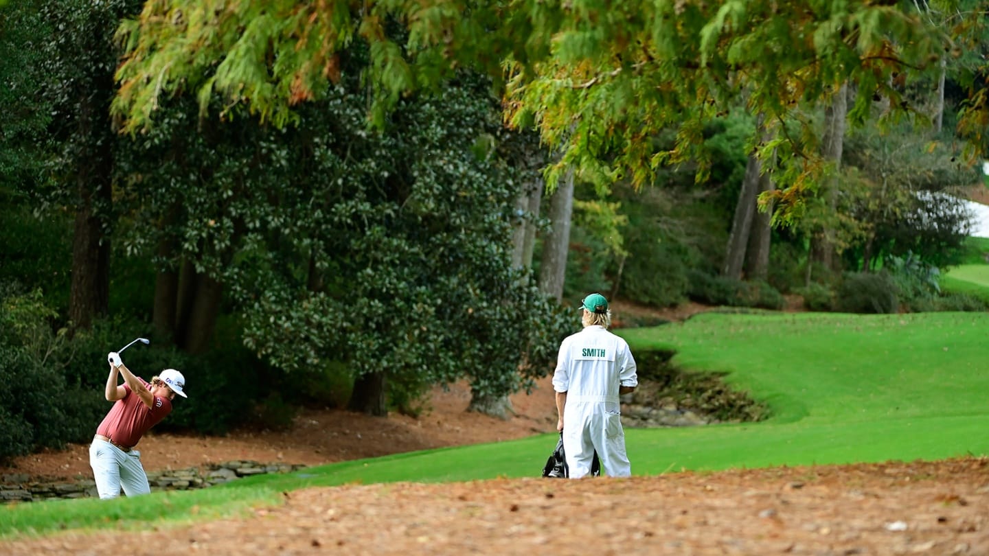 Cameron Smith strikes his approach to the par-five 13th during the final round. Picture by Charles Laberge/Augusta National.