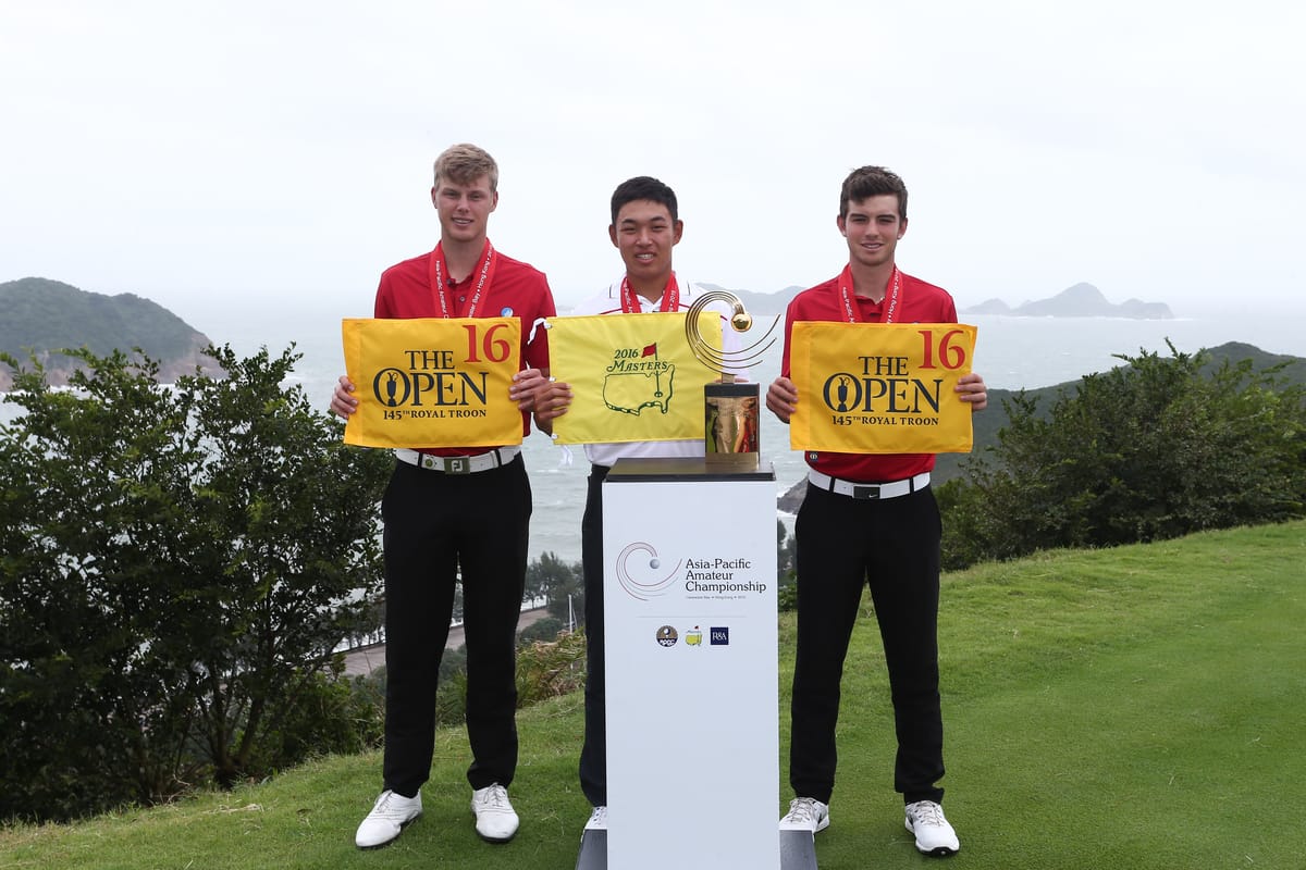 Champion Jin Cheng is flanked by Australians Cameron Davis and Ryan Ruffels, the joint runners-up.