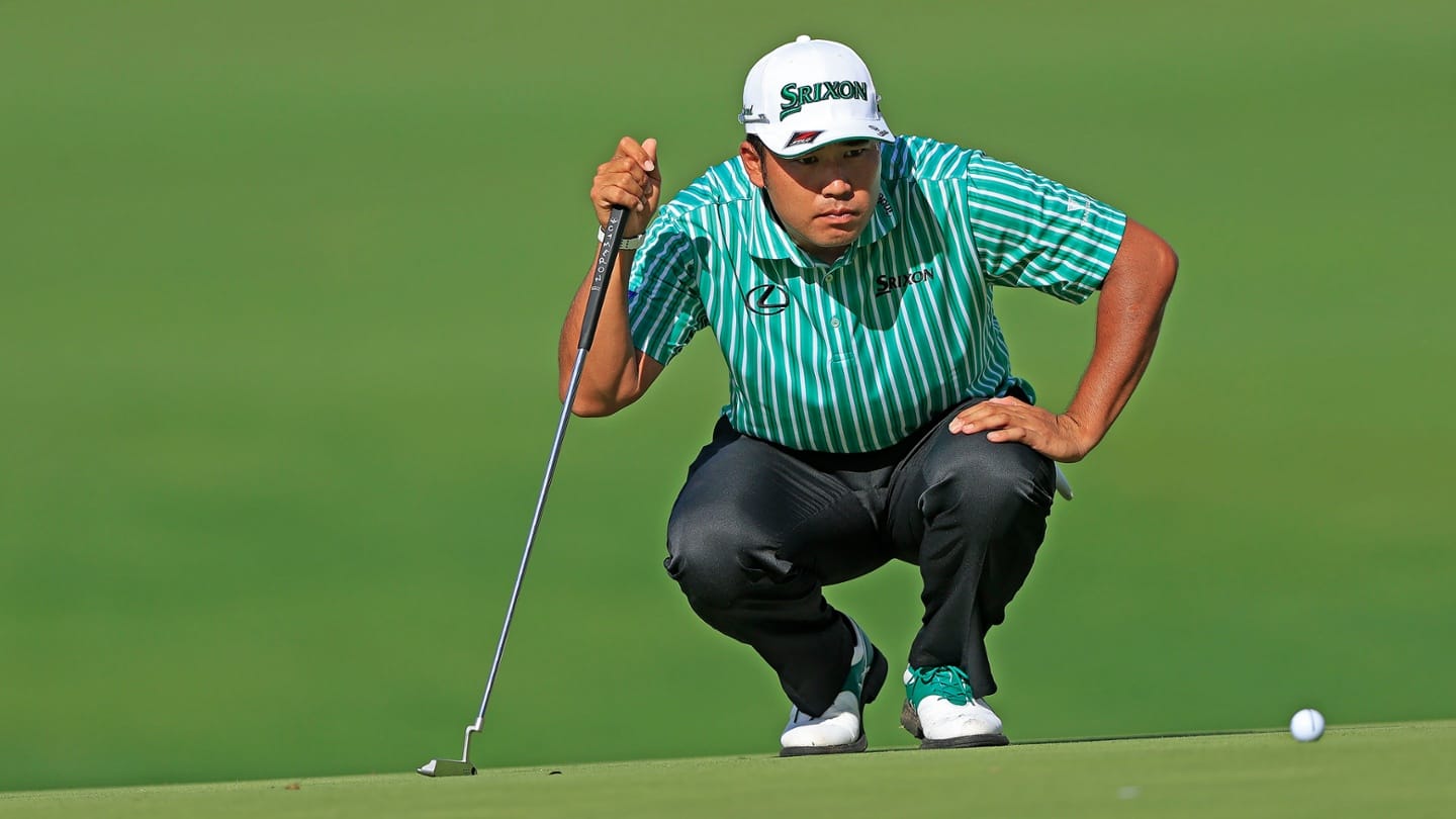 Hideki Matsuyama lines up a putt on the seventh green. Picture by Sam Greenwood/Augusta National.
