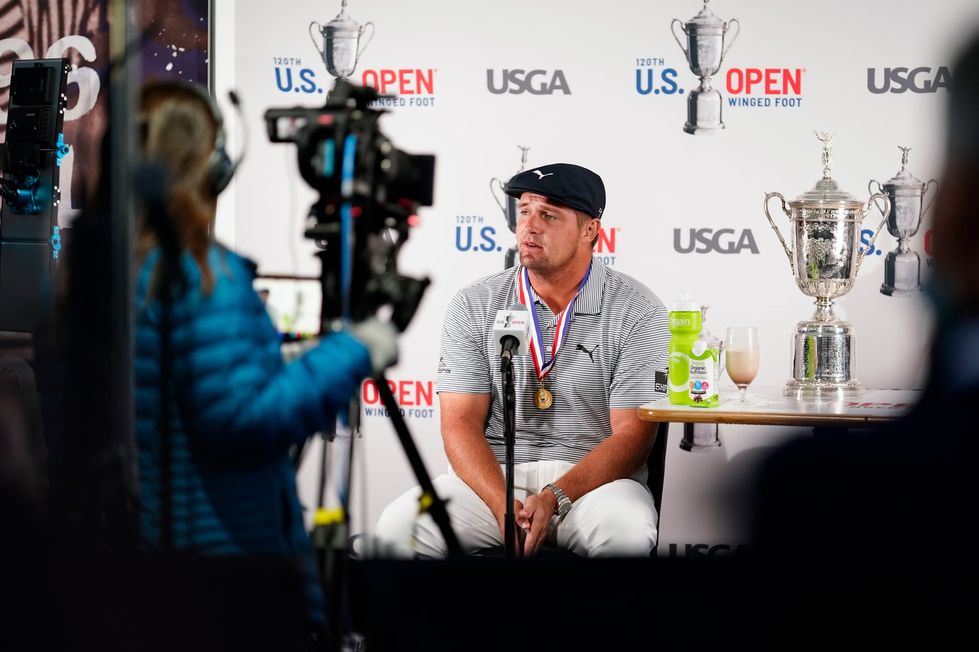 Bryson DeChambeau is interviewed after winning the 2020 US Open. Picture by Darren Carroll/USGA.
