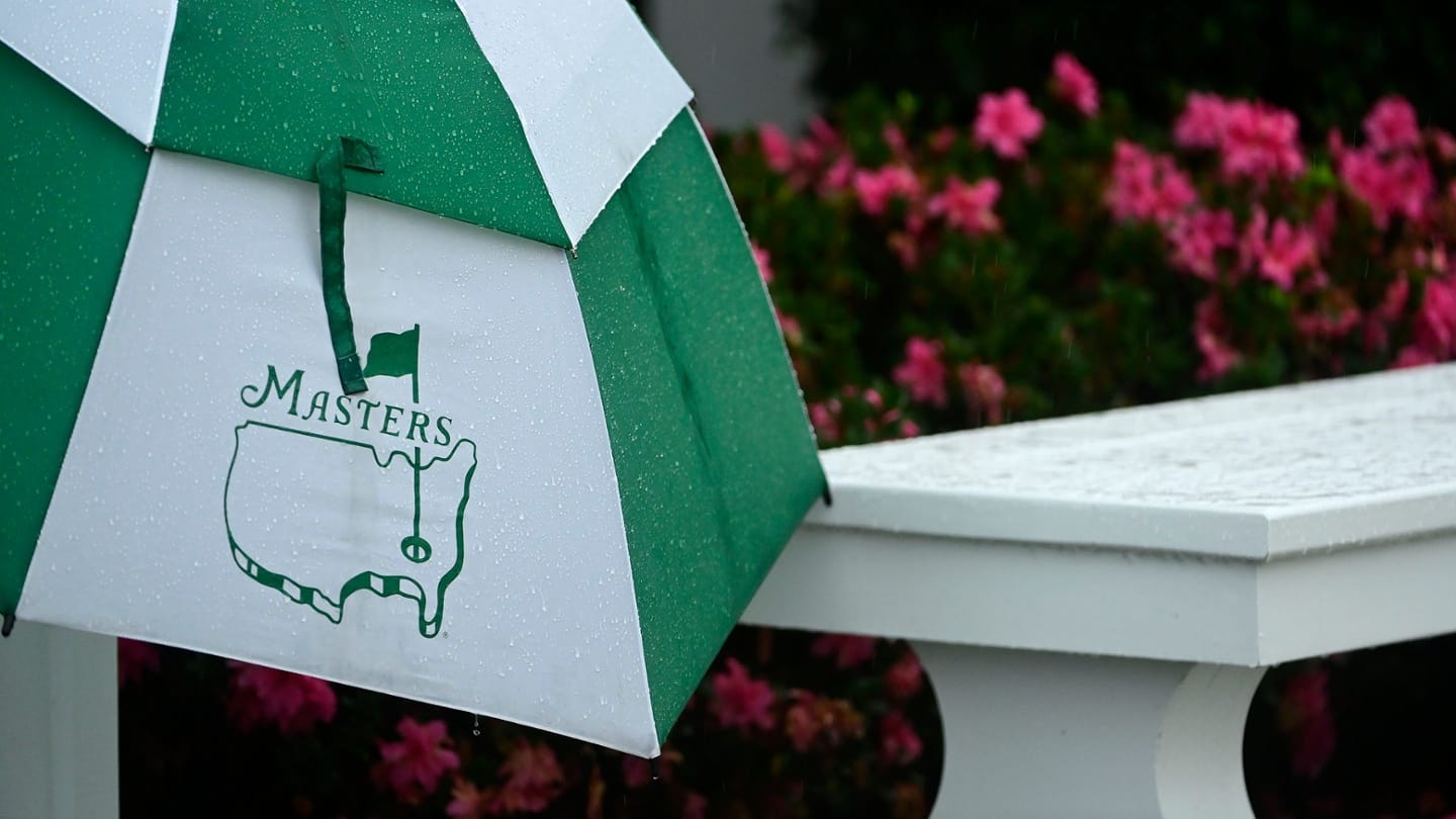 Rain drops gather on an umbrella during round one. Picture by Charles Laberge/Augusta National.
