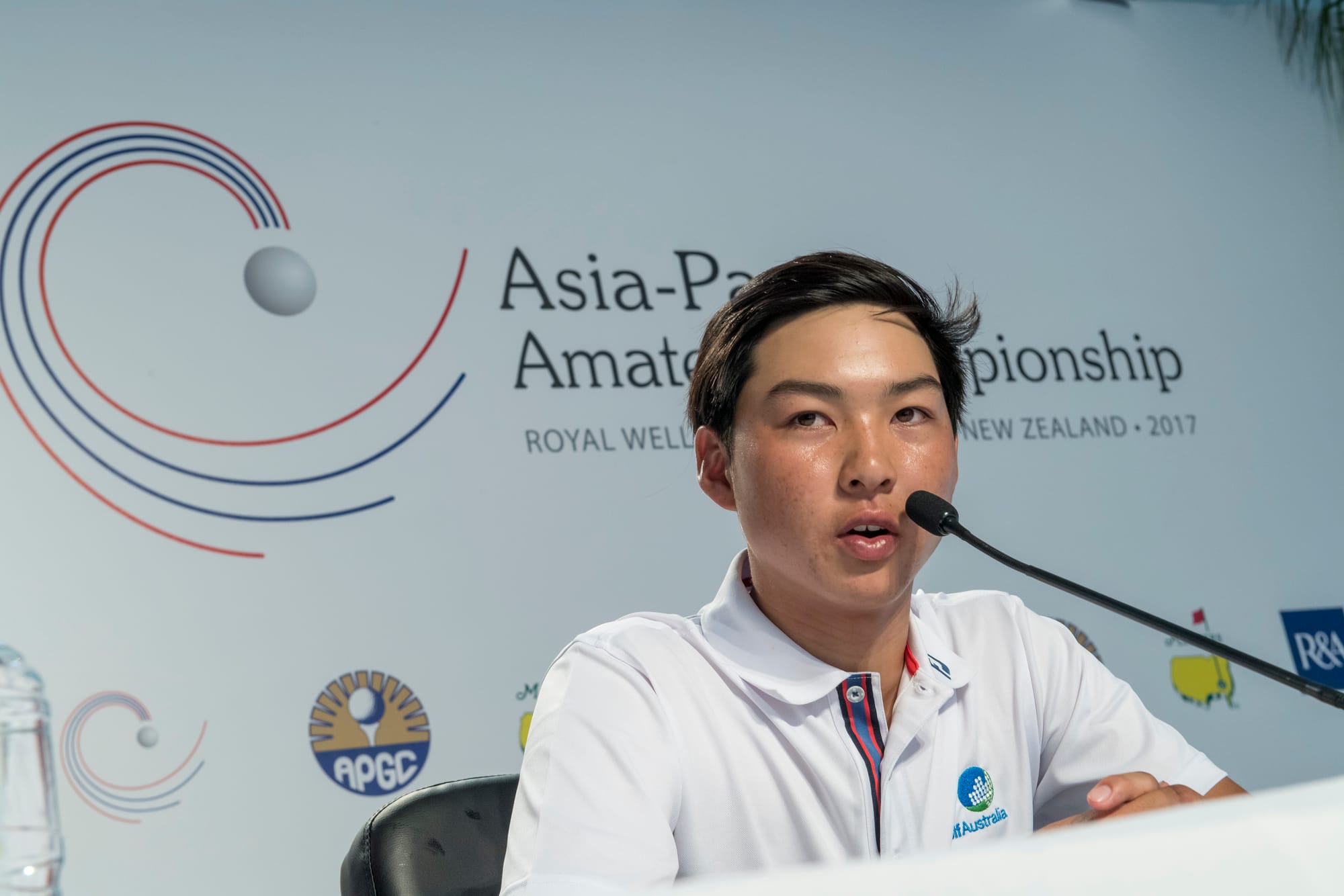 Min Woo Lee answers questions from the media following the third round.