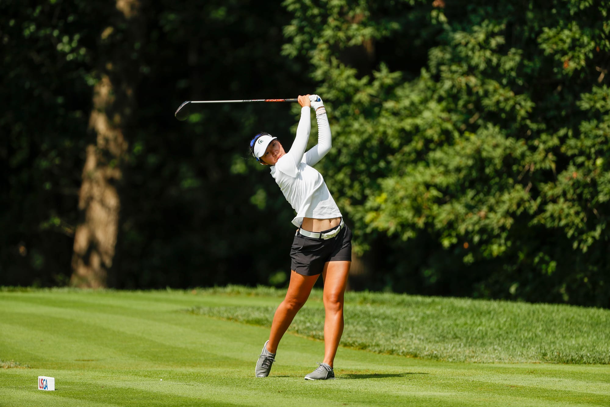 Japan's Yurika Tanida strikes her drive on the fourth hole during the Round of 64 at Woodmont Country Club. Picture by Chris Keane/USGA.