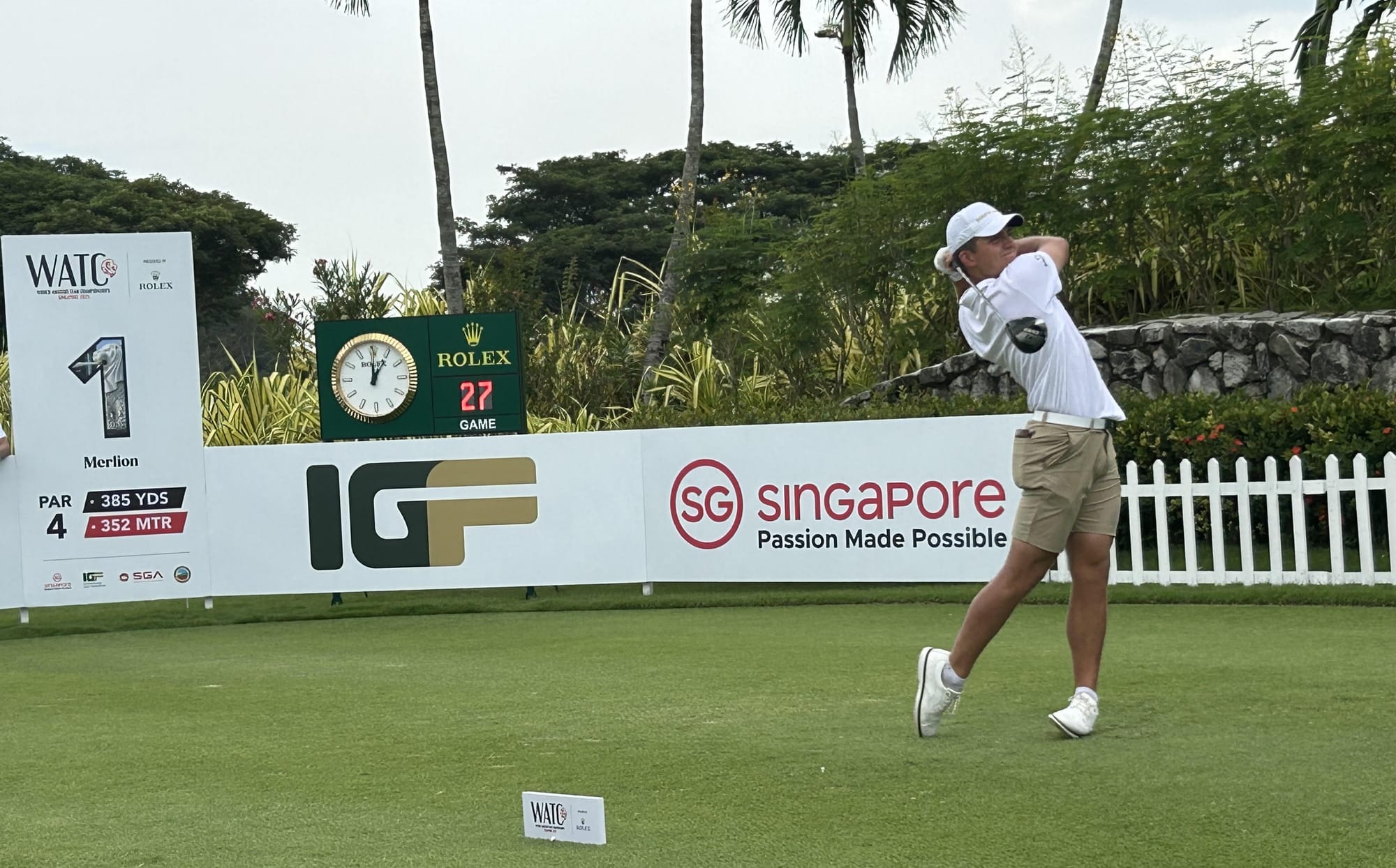 Christiaan Maas hits his opening tee-shot in round three. He posted a 65 to extend South Africa's lead at Tanah Merah.